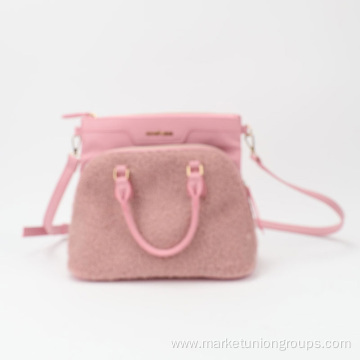 Pink Wool Winter Lambs Sherpa PU Multifunctional Shoulder Handbag Lady Tote Bag Set